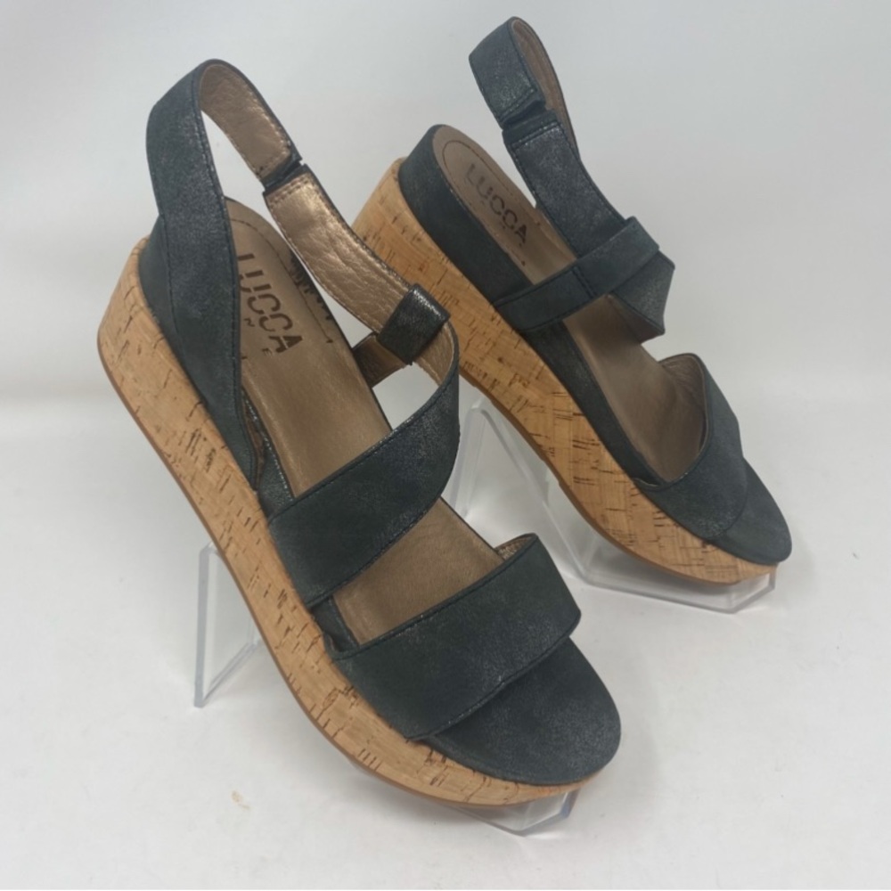 Lucca Lane Olympia Black Cork Leather Wedge Slingback Sandals Sz 8